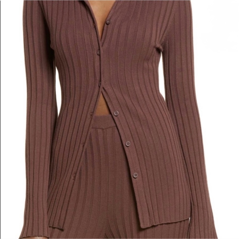Open Edit Ribbed Cardigan Sweater Sweat - Brown